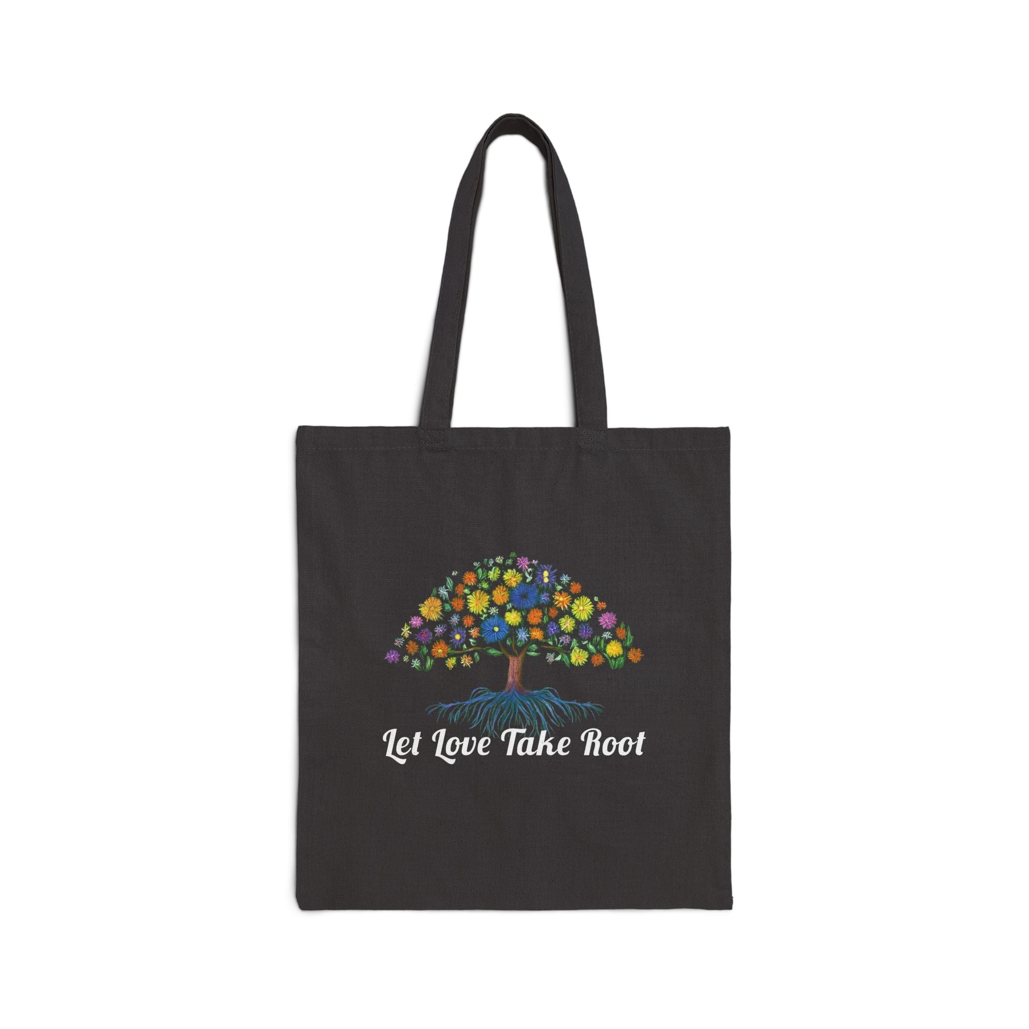 Let Love Take Root Tote Bag, Cotton Canvas Bag with Tree and Flowers, Eco-Friendly Reusable Grocery Bag, Garden Gift for Nature Lovers