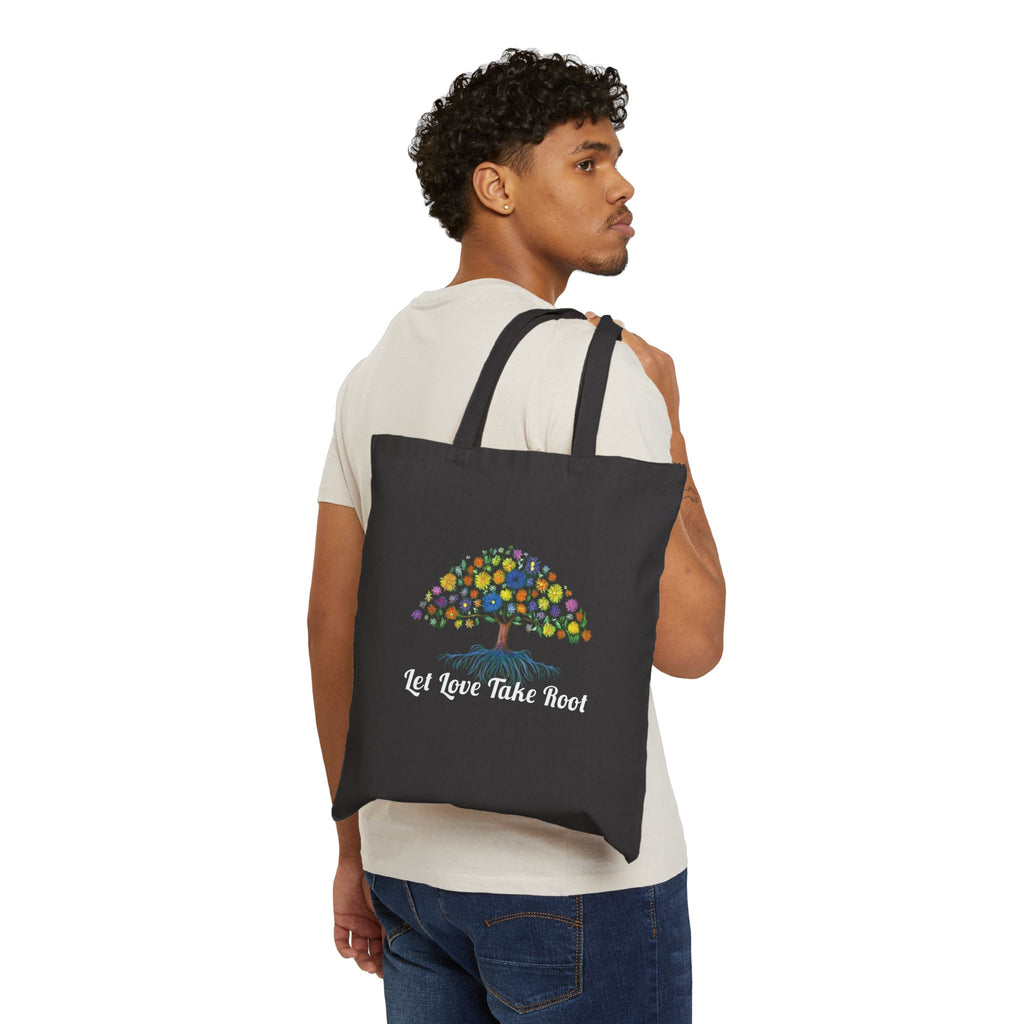 Let Love Take Root Tote Bag, Cotton Canvas Bag with Tree and Flowers, Eco-Friendly Reusable Grocery Bag, Garden Gift for Nature Lovers